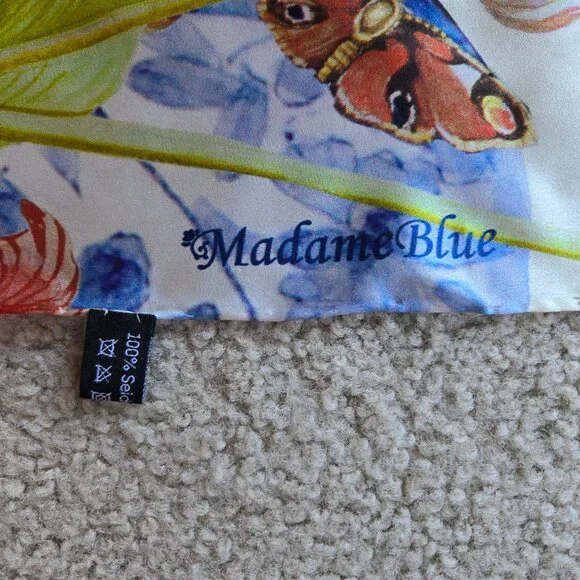 Silk Scarf Hand-Rolled Tulips Netherlands Oblong Madame Blue Floral - Picture 11 of 12